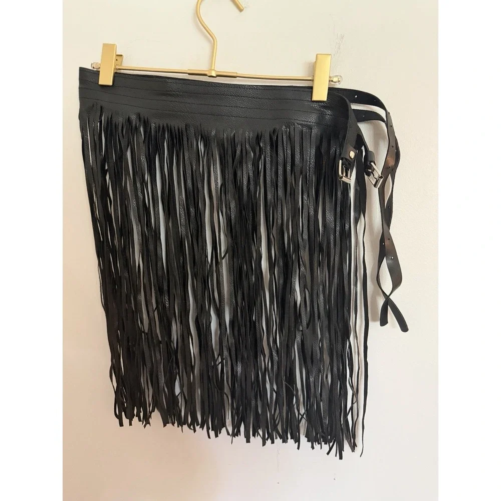Black Leather Fringe Wrap Belt Skirt Western Boho Festival Adjustable Buckle
